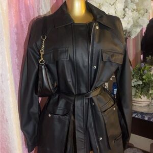 Fashion Nova Black Faux Leather Belted Jacket